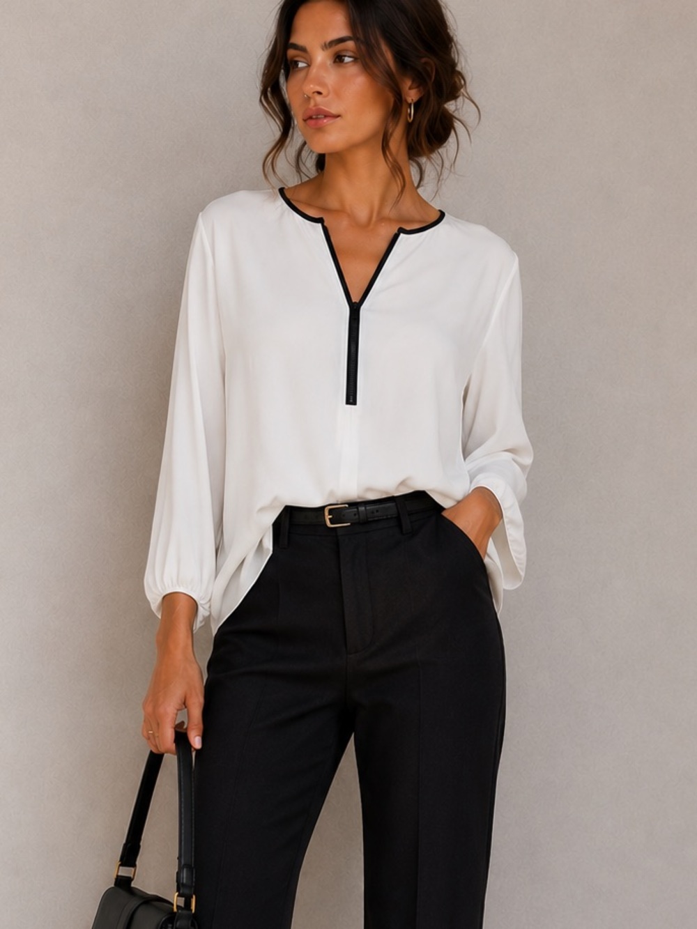 Milly Silk White Black Tiered Zipper Top